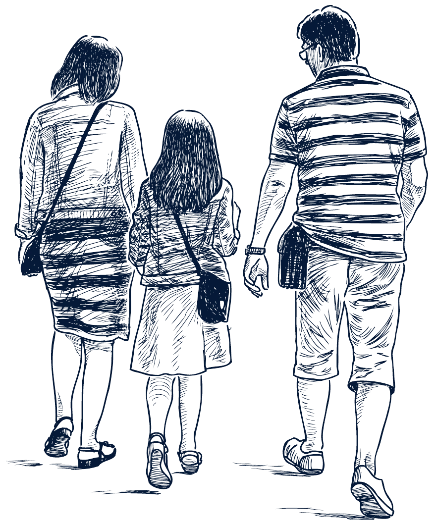 Sketch of two parents walking with their daughter