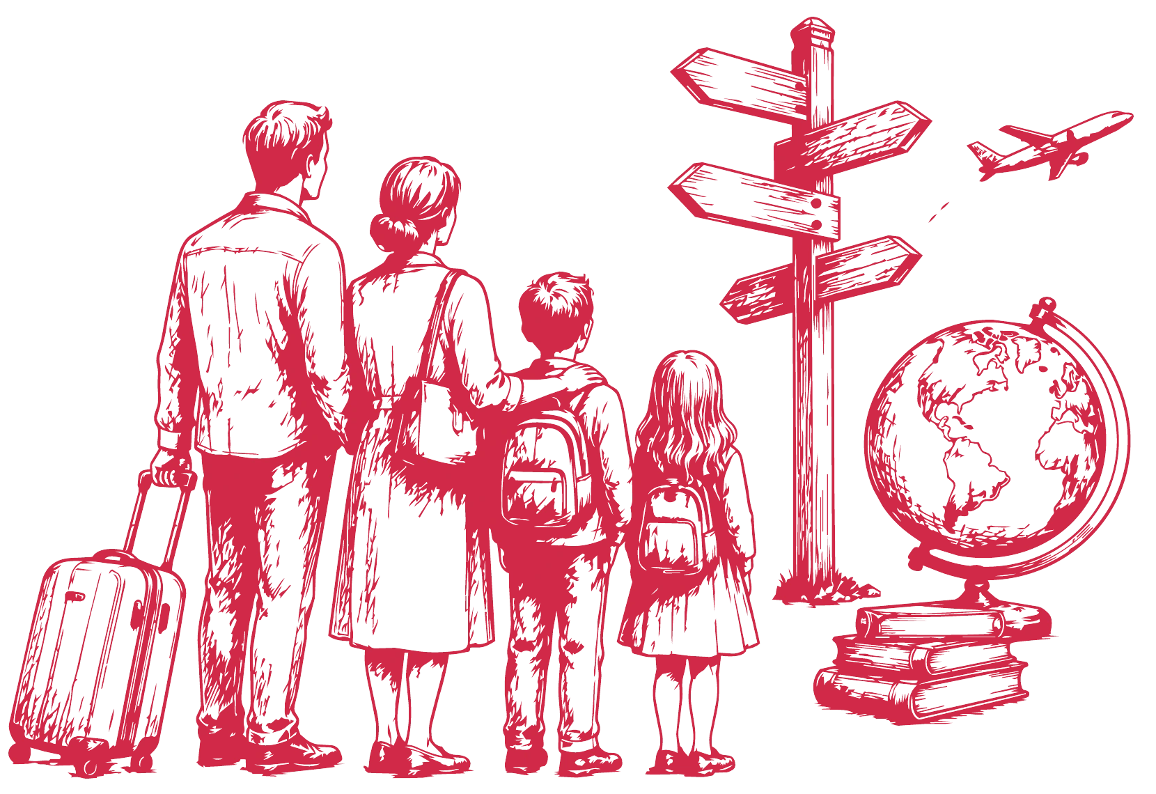 Sketch of a family with luggage looking at a signpost and globe